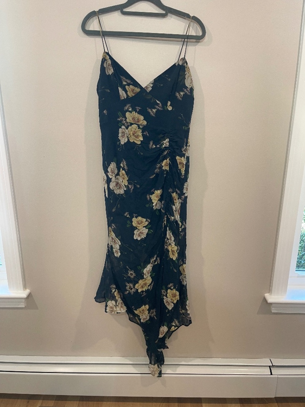 Nicholas Navy Floral Silk Ruched Midi Dress Size 6 US